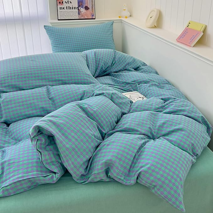 LifeTB Twin XL Comforter Set Green Gingham Bedding Comforter with 2 Pillowcases Geometric Checkered Plaid Comforter Set for All Season Green Purple Grid Printed Fluffy Soft Lightweight Bedding Set