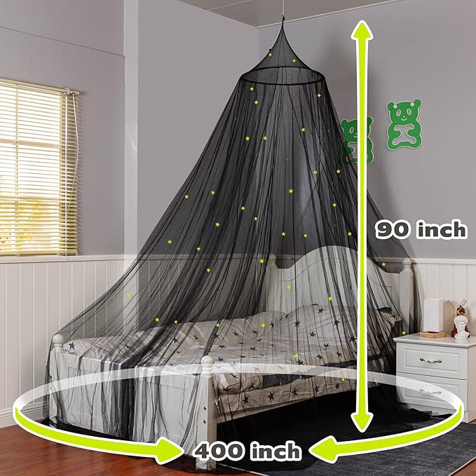 South to East Bed Canopy with Glowing Stars in The Dark, Black Bed Curtains for Kids Bed & Toddler Bed, Twin, Full & Queen, Mosquito Net Canopy for Adult Bedoom, Easy to Install