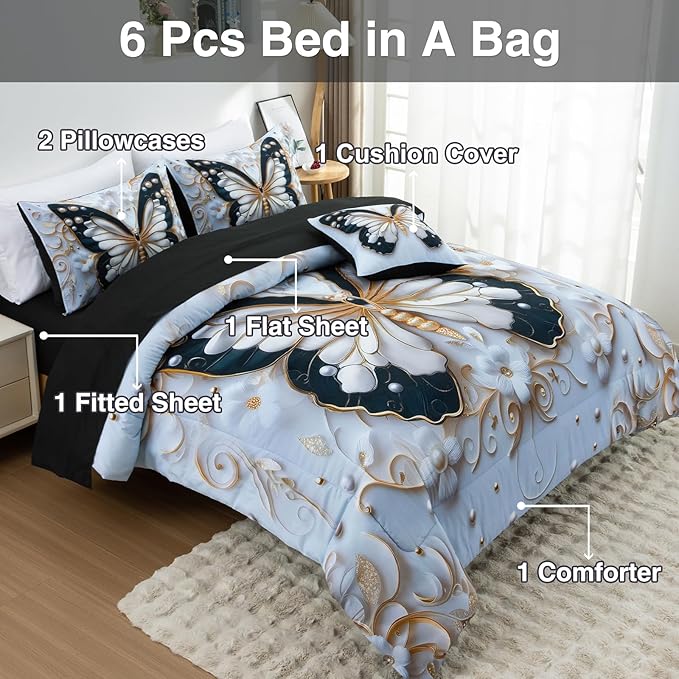 A Nice Night Queen 6pcs Bed in A Bag Black and Glod Dreamy 3D Butterfly Pearl Flower Design, Butterflies Printed Bedding Queen Comforter Set, for Girls Kids Teens