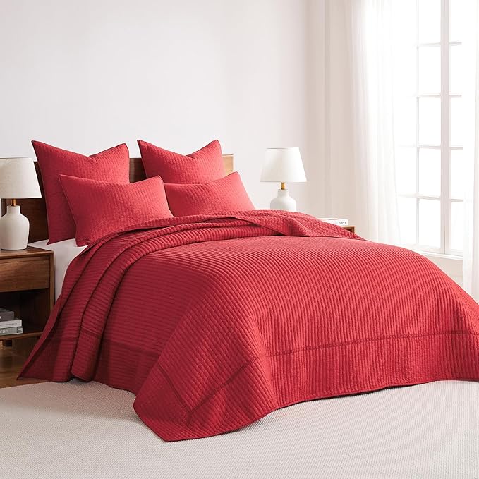 Levtex Home Cross Stitch Bedspread Set - King Bedspread, 2 Shams - Red - Cotton