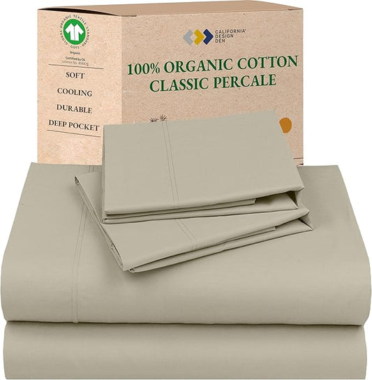California Design Den California King Sheets Deep Pockets Set - Soft 100% Organic Cotton Percale Sheets, Breathable and Durable Bedding Set - Warm Taupe