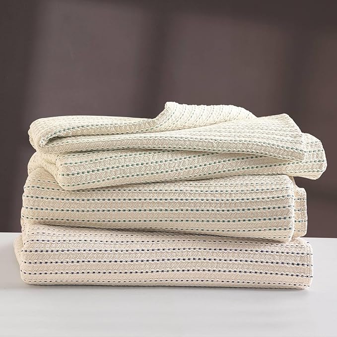 Cuddledown Dobby Weave Cotton Blanket | Made in USA | 100% American-Grown Cotton | All Season Comfort| 108" x 90" | King | Natural & Green