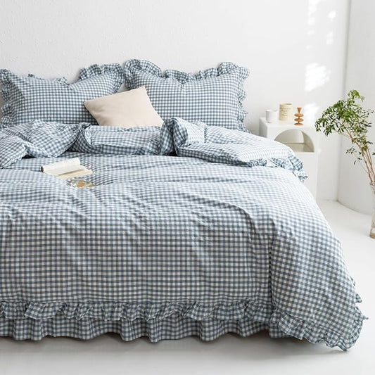 mixinni Blue White Gingham Ruffle Duvet Cover Twin Size 3 Pieces – 100% Washed Cotton, Vintage Plaid Ruffled Bedding Set with Zipper Ties, Soft Checkered Grid Farmhouse Chic Comforter Cover Set