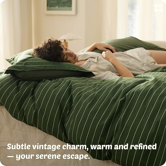 Bedsure Striped Duvet Cover King Size,100% Washed Cotton Duvet Cover Linen Like Textured, Classic Striped Pattern Enhances Bedroom Comfort and Style, Stripes Olive Green, 104"x90"