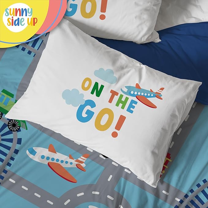 Sunny Side Up On The Go Toddler Comforter Set - 4 Piece Preschool Bedding Includes Comforter, Sheets & Pillow Cover - Super Soft Vehicles Microfiber Bed Set