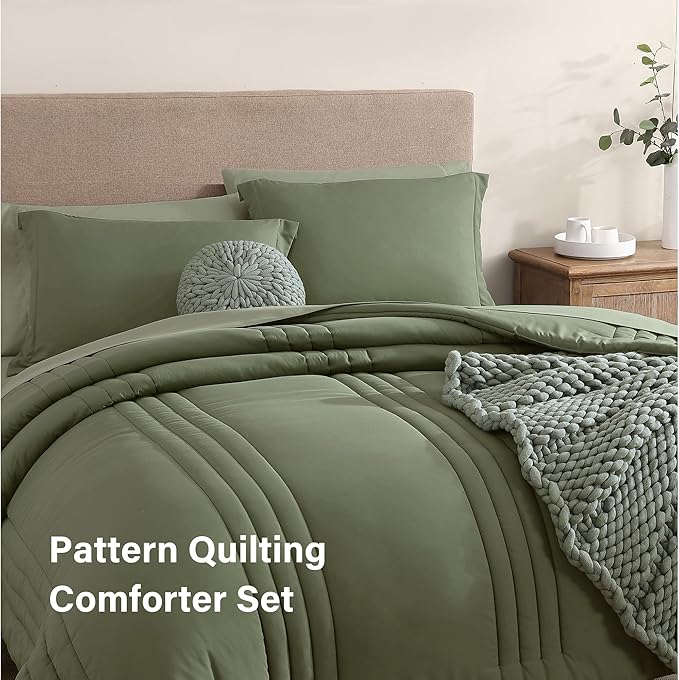 Monbix Queen Comforter Set - 7 Pieces Light Sage Green Bed in a Bag Queen Bedding Sets with Comforters, All Seasons Comforter Bed Set with Sheets, Pillowcases & Shams