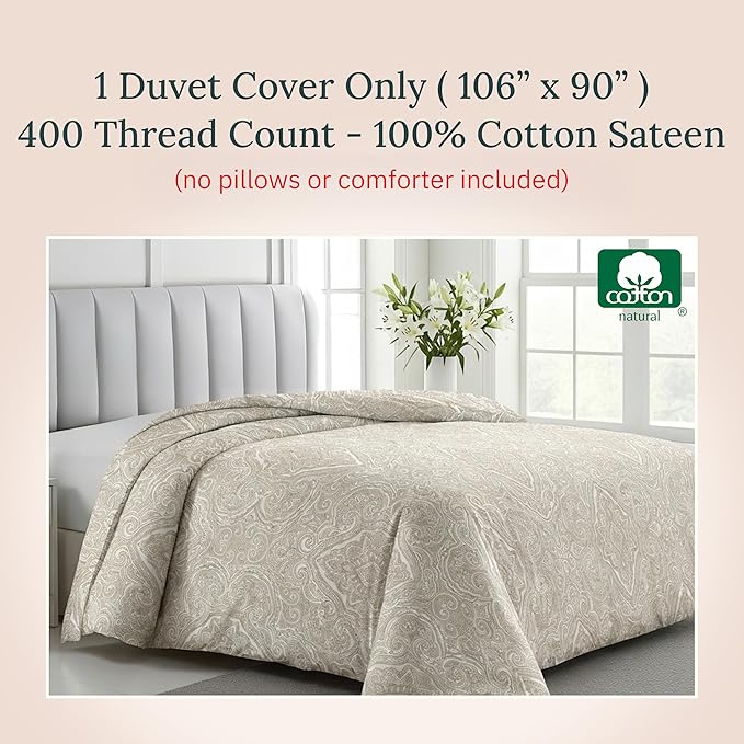 California Design Den 100% Cotton Duvet Cover King Only, Premium 400 Thread Count Sateen, King Size Duvet Cover Cotton with Button Closure & Corner Ties (Paisley Beige)