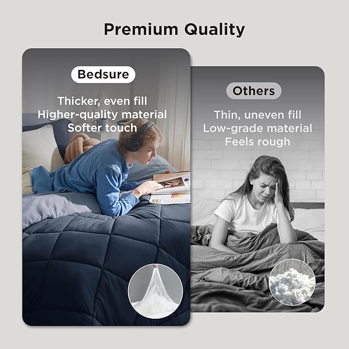 Bedsure Queen Comforter Set - 7 Pieces Reversible Navy Blue Bedding, Queen Size Bed Set for All Seasons, Bed in a Bag with Down Alternative Comforter, Sheets, Pillowcases & Shams