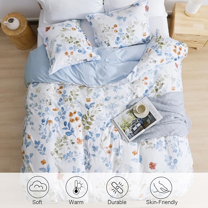 PHF Ultra Soft Paisley Duvet Cover King Size, Printed Bedding Set 3 Pieces, Comfy Farmhouse Pattern Duvet Cover Set with 2 Pillow Shams, Zipper Closure and 8 Ties, 104"x90", White & Blue