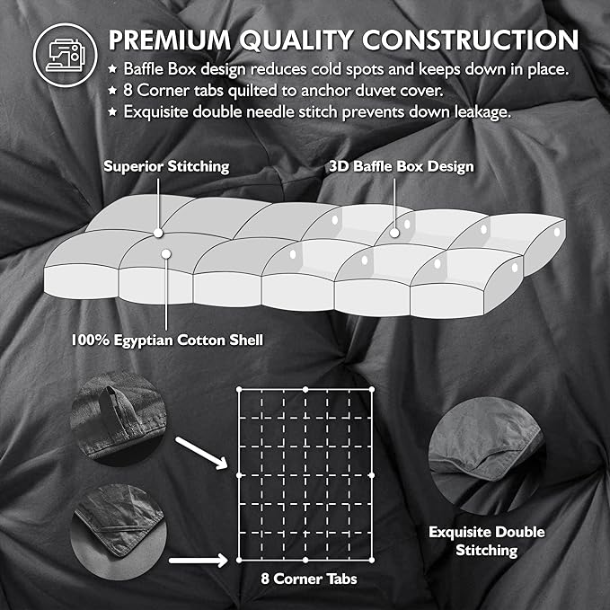 Luxurious Goose Down Feather Fiber Comforter King/California King Size Duvet Insert, Pinch Pleat Ruffled Twisted Flower, Premium Baffle Box, 100% Egyptian Cotton Cover, 75 oz. Fill Weight, Gray