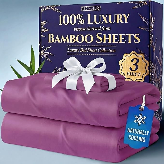 DECOLURE 100% Viscose Derived from Bamboo Sheets Twin Size - Luxury 3 Pc Naturally Cooling Sheets, Ultra Soft Bed Set - Deep 17" Pockets, Durable Double Stitching, Oeko Tex Standard (Purple)