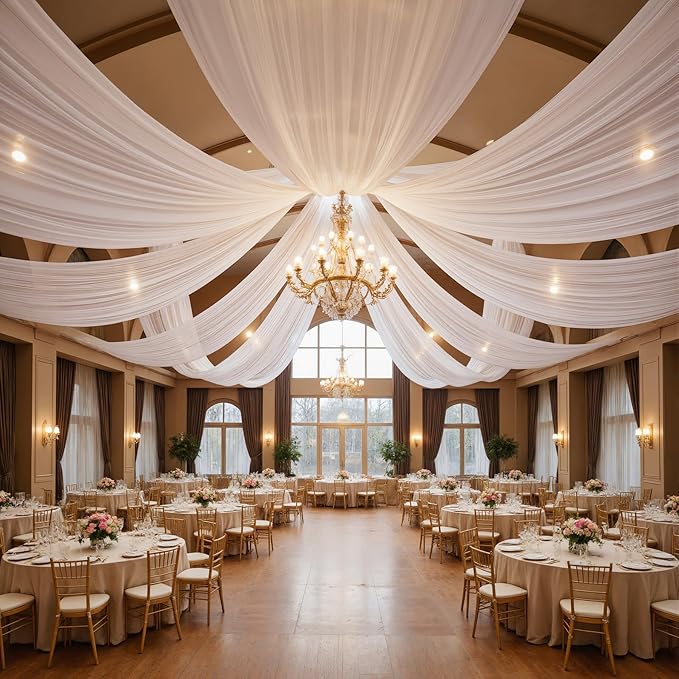 40ft×10ft White Ceiling Drapes for Weddings Events Wrinkle-Free Polyester Ceiling Backdrop for Ten Canopy Church Stage Bedroom Decor 8 Panels 5×10ft