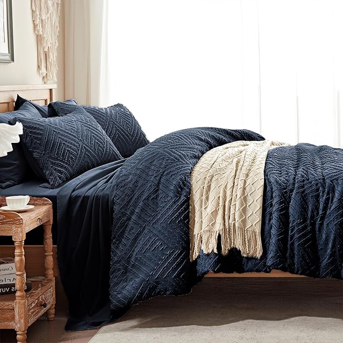 Zzlpp Full Comforter Set 7 Pieces, Navy Blue Tufted Bed in a Bag with Comforter and Sheets, All Season Boho Bedding Sets with Comforter, 2 Pillow Shams, 2 Pillowcases, 1 Flat Sheet, 1 Fitted Sheet