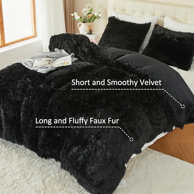 EMME Luxury Fuzzy Duvet Cover Set Twin Size Fluffy Comforter Cover Set for Twin Bed 2 Pieces Shaggy and Plush Soft Bedding Duvet Covers (Black, Twin)