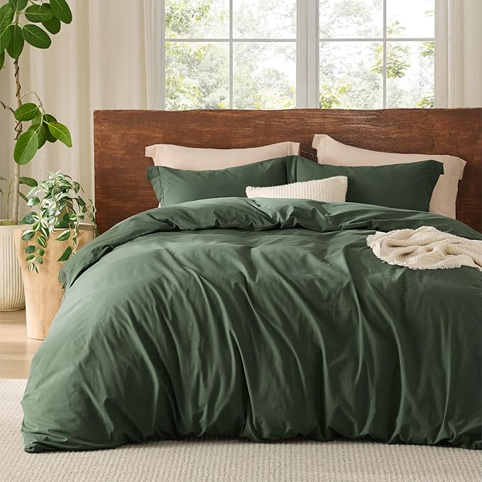 Bedsure 100% Washed Cotton Duvet Cover Full Size - Olive Green Minimalist Cotton Duvet Cover Linen Like for All Seasons - GentleSoft™ Plain Simple Bedding (Olive Green, Full, 80"x90")