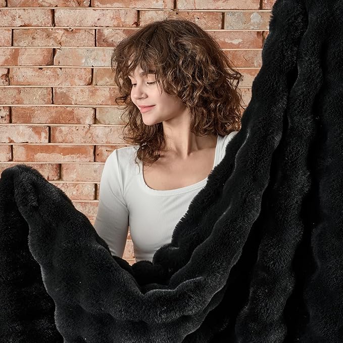 Lotus Karen Faux Fur Blanket - Black Twin Size, Big Bubble Rabbit Fluff, 60x80 Inches