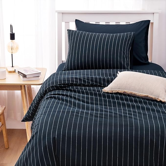 Wake In Cloud - Striped Cotton Duvet Cover Set, Ticking Stripe Vertical Pinstripe Farmhouse, 100% Washed Cotton Textured Percale Bedding Set, 3 Pieces, Navy Blue, Twin Size