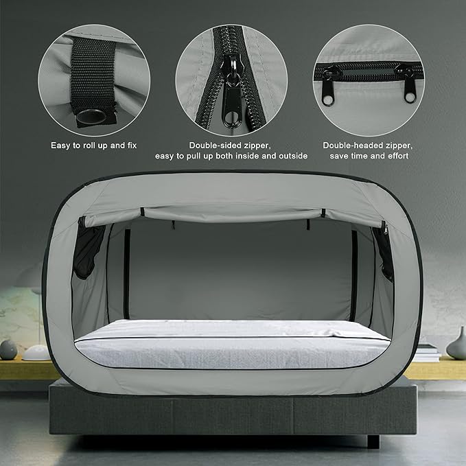 Bed Tent Twin Bed Canopy Portable Dream Tent for Adult Indoor Sleeping Tents with 2 Doors Breathable Private Space Tents, Grey
