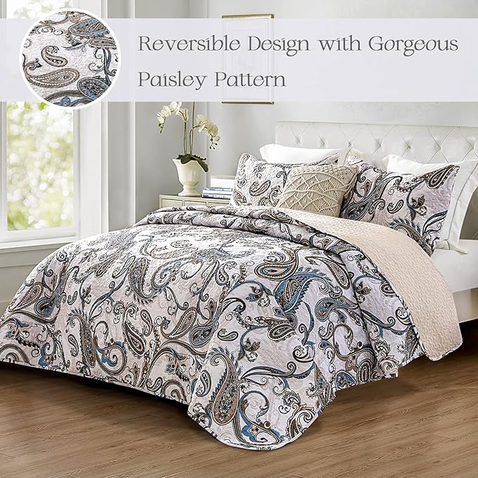 Whale Flotilla Reversible Printed Quilts Queen Size, Extra Soft Boho Paisley Floral Bedspreads for Bed Lightweight Full Queen Quilt Bedding Set Coverlets with 2 Pillow Shams for All Seasons, Bone Grey