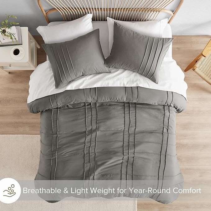 Comfort Spaces Grey Full Size Duvet Cover Set - 3-pc Pintuck Pleated Duvet Cover Full, All Season Lightweight, Extra Softness Pre-Washed Microfiber Bed Cover Shams, Full