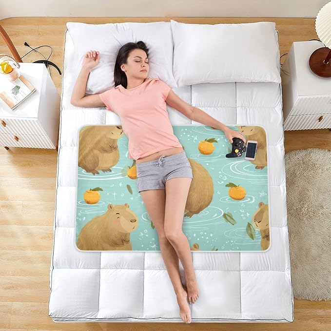 Waterproof Bed Pad Reusable Changing Pad Toddler Mattress Protector Large Pee Pad Baby Diaper Pad Soft Washable Liner Light Blue Capybaras Orange and Water Ripples