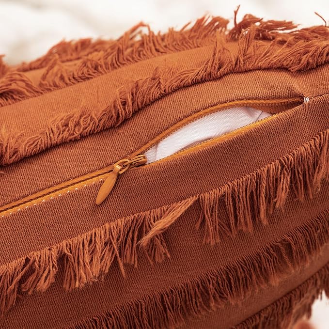 MIULEE Set of 2 Fall Decorative Boho Throw Pillow Covers Linen Striped Jacquard Pattern Cushion Covers for Sofa Couch Living Room Bedroom 18x18 Inch Rust