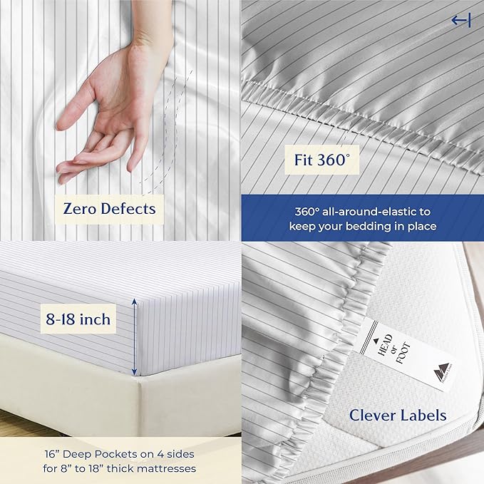 Mayfair Linen 100% Organic Cotton Printed Sheets Twin Size - 3 PC Organic Cotton Percale Sheets Twin Set (Pinstripe - Light Grey), Cooling Sheet for Dorm Room, 16" Deep Pocket Sheet - GOTS Certified
