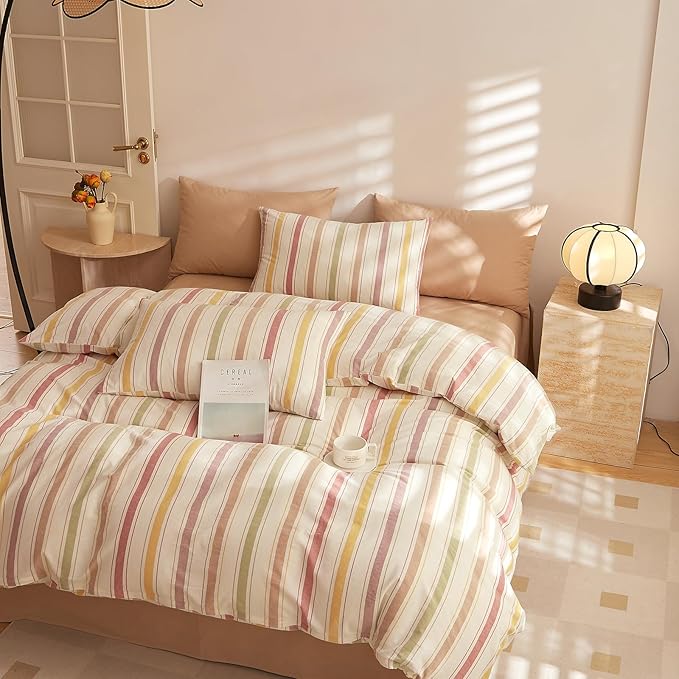 mixinni Vintage Striped Duvet Cover Set Twin, 3-Piece Washed Cotton Bedding Set - Soft, Breathable & Colorful Marble Stripe Pattern, All-Season Comforter Cover with Zipper-Twin Size