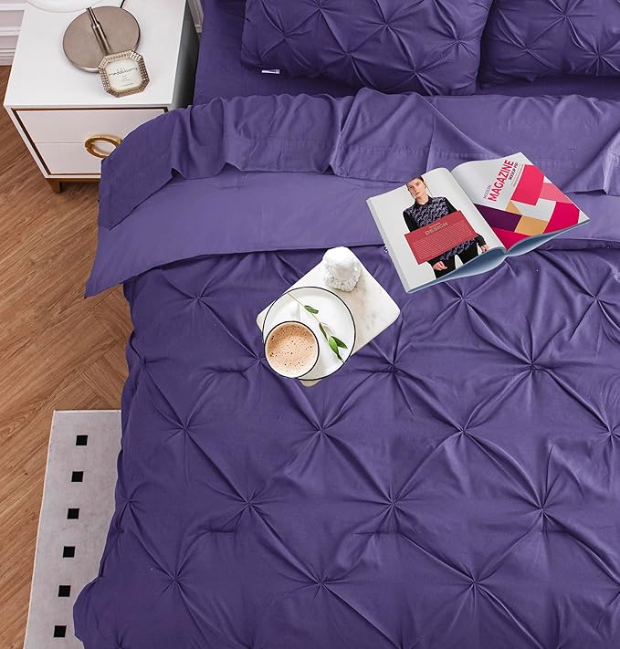 LANE LINEN King Comforter Set With Sheets - 7 Piece Pintuck Detailing Ready to Style Bed in a Bag - All Season Comforter, Sheets, Pillowcases & Shams - Clean & Apartment Friendly King Bed Set – Purple | Clean bed look, Light daily comfort, Soft sleep s...