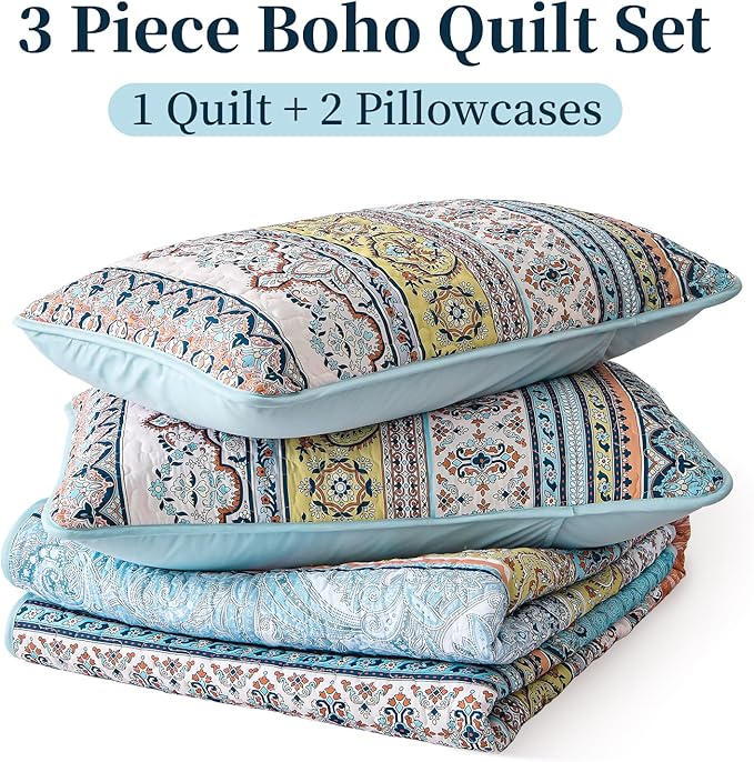 WONGS BEDDING Boho Queen Quilt Set, Pink and Blue Bohemian Quilt Bedding Set, Lightweight Bed Decor Bedspread for All Season Reversible Microfiber Coverlet Bedding Set 96"x90"(3 Pieces)