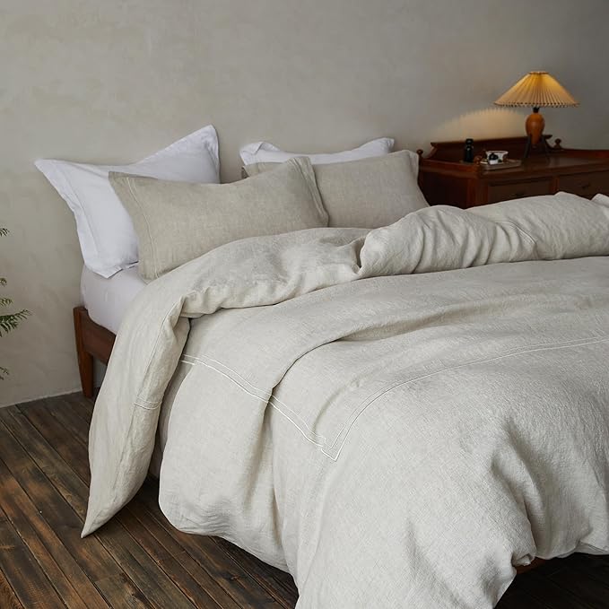 Simple&Opulence 100% Washed Linen Duvet Cover Set 68"x86" - 2 Pieces Soft Farmhouse Comforter Set Double Embroidered with Button Closure - 1 Duvet Cover and 1 Pillowsham (Linen, Twin)