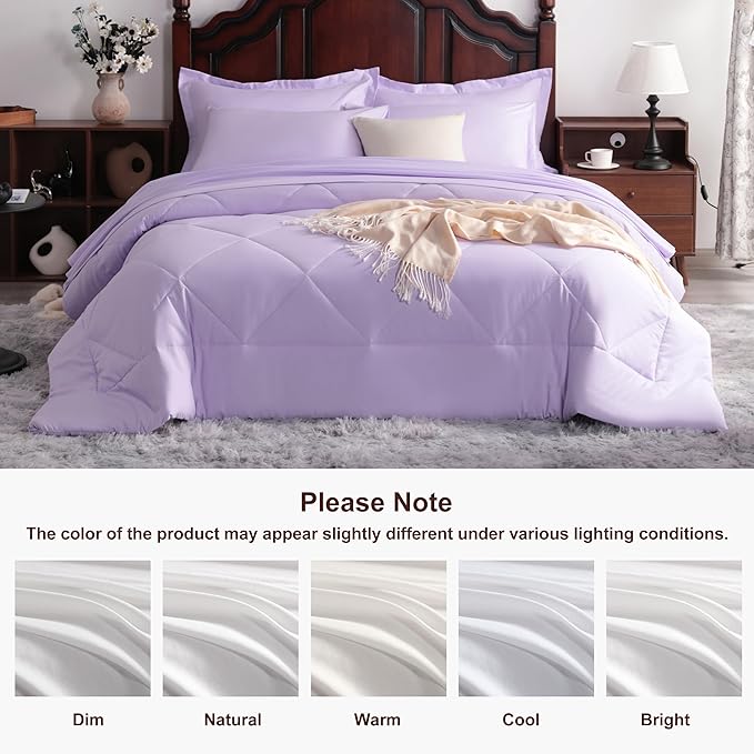 NTBAY King Comforter Set with Sheets, 7 Pieces Soft and Breathable King Bedding Set, Bed in a Bag, Down Alternative Comforter Set Solid Color All Season, Light Purple