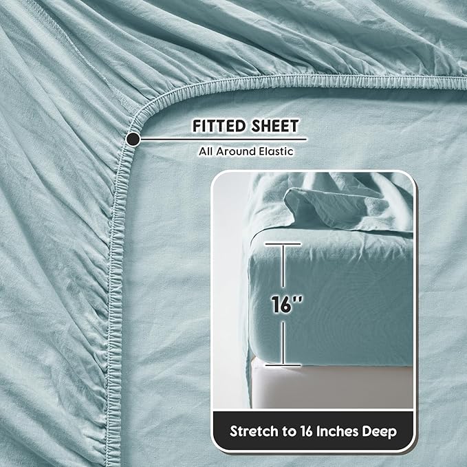SONORO KATE 100% French Pure Linen Sheets, Breathable and Durable Linen King Size Sheets, Anti-Tear Linen Bed Sheets, Machine Washable, 16 Inch Deep Pocket - 4 Piece (Ocean, King)