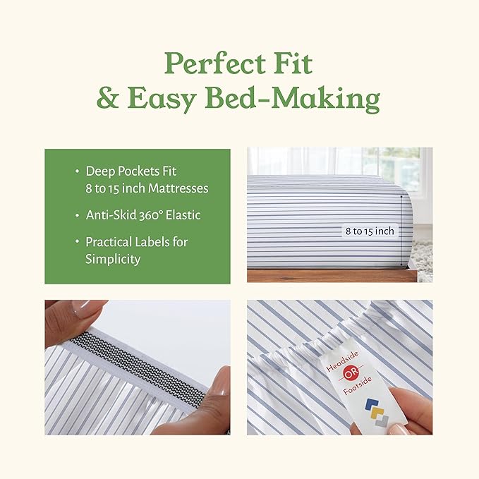 California Design Den King Bed Sheets Stripe, 100% Organic Cotton Percale Sheets, Deep Pocket King Sheets & Pillowcase Set - Blue Stripe