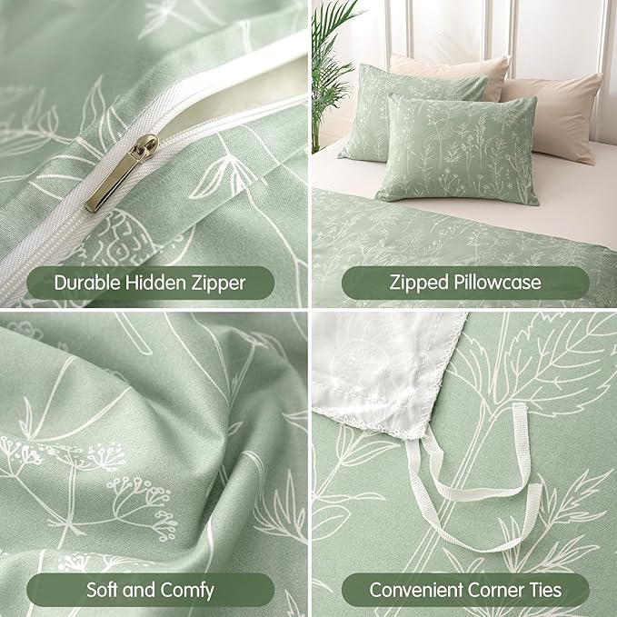 Lekesky Floral Duvet Cover King Size, Sage Green Duvet Cover King Plant Flowers Pattern Bedding Set for All Season, Soft Breathable Duvet Cover with Zipper Closure & Corner Ties