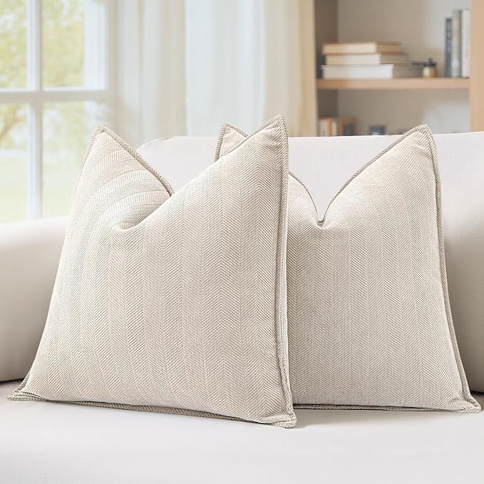 MIULEE Pack of 2 Cream Beige Decorative Pillow Covers 18x18 Inch Soft Chenille Luxurious Couch Throw Pillows Farmhouse Cushion Covers with Elegant Design for Sofa Bedroom Living Room Spring Decor