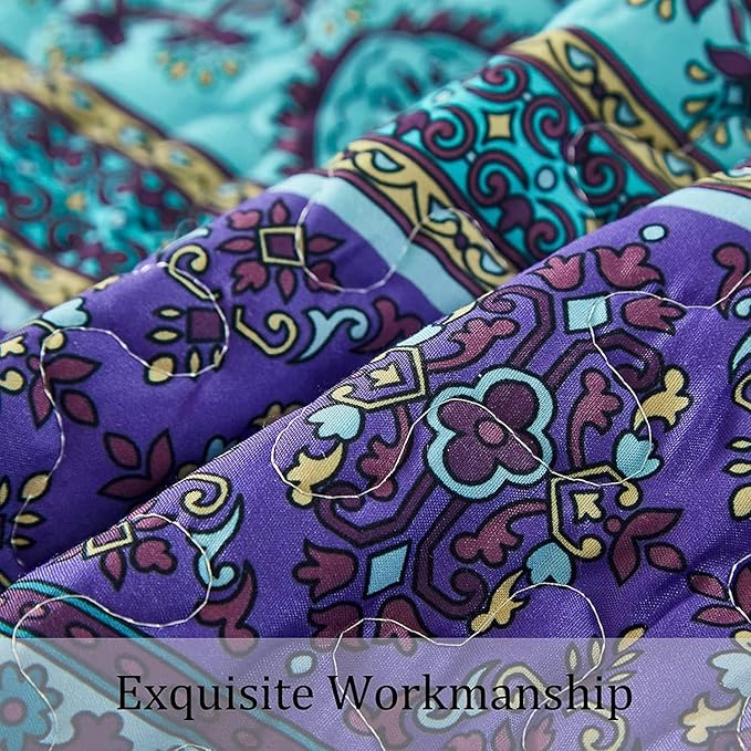 WONGS BEDDING Boho Quilt Set,Blue Purple Bohemian Striped Pattern Printed Quilt Coverlet, Lightweight Microfiber Bed Decor Bedspread for All Season 114"x102"(3 Pieces, Super King)