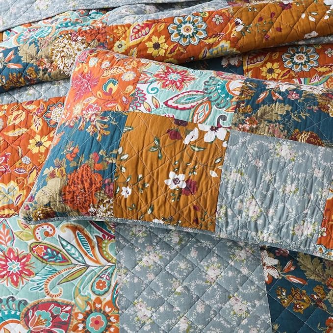 Autumn Dream Cotton Bedspread Quilt Sets Reversible Bedding Coverlet Sets Comforter, Paisley Floral Patchwork Yellow Grey Bedspread, Queen Size
