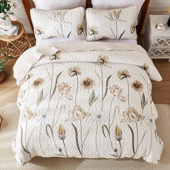 WONGS BEDDING Quilt Set Queen,Cute Floral Bedspread Coverlet Set,3 Pieces Brown Quilts Bed Cover,Lightweight Farmhouse Floewr Quilts Summer Bedding Set for All Season(96"x90")
