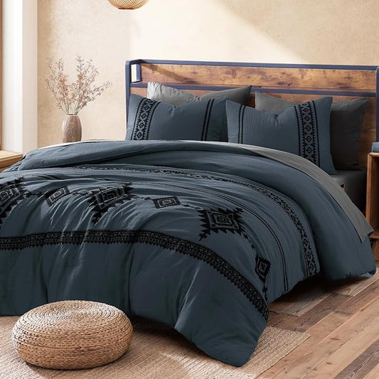 MaiRêve Embroidery Queen Size Comforter Set Blue Grey, Boho Farmhouse Western Bedding Set 7 Pieces, All Season Bed in A Bag Comforter Set with Sheets, Pillowcases & Shams