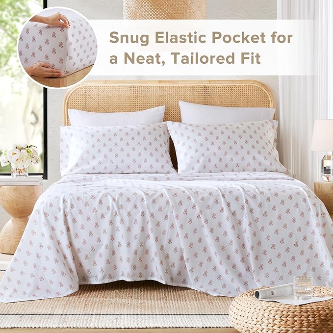 Comfort Spaces 100% Cotton Sheets Cal King, Breathable, Naturally Cool Cotton Sheets, Soft Cotton Bed Sheets with 14" Elastic Pocket Fits up to 16" Mattress, All Seasons Sheet Set, Floral Pink 4 Piece