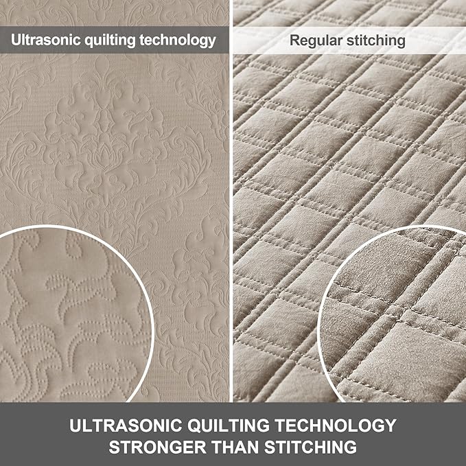 Hansleep Taupe Quilt Queen Size - Damask Ultrasonic Summer Bedspread Queen, Soft Lightweight Coverlet Bedding Set, 3 Pieces (1 Quilt, 2 Pillow Shams)