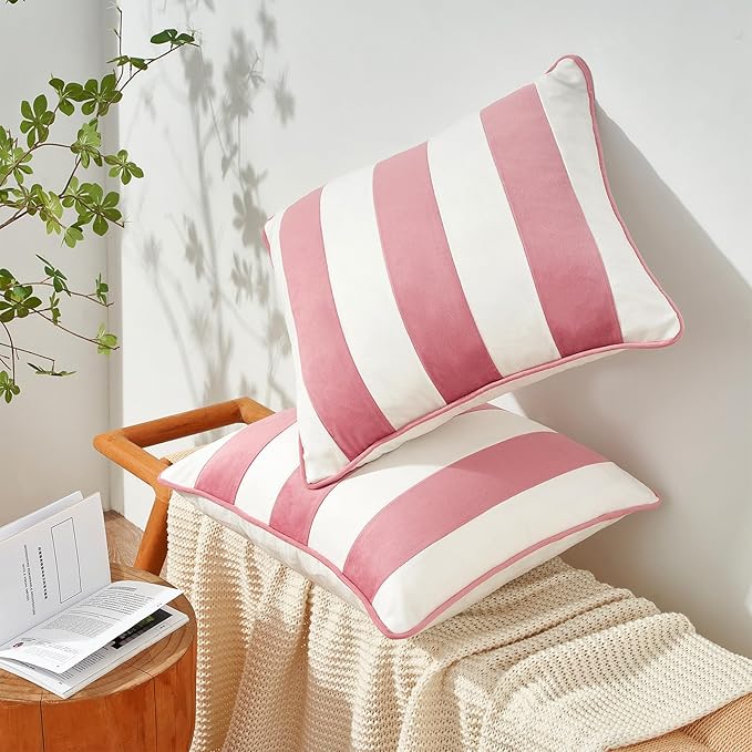 MONDAY MOOSE Decorative Throw Pillow Covers Cushion Cases, Set of 2 Soft Velvet Striped Piping Edge Designs, Pillow Inserts Not Included (18x18 inch, Light Pink/White)