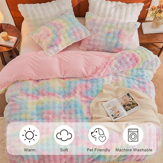 EMME Faux Fur Duvet Cover Twin Size, 2 Pieces Ultra Soft Fluffy Comforter Cover, Cozy Warm for Winter, Luxury Elegant Shaggy Bubble Design Bedding, 1 Duvet Cover & 1 Pillow Shams (Twin, Rainbow)