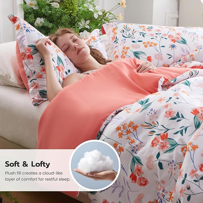 Joiedomi King Size Comforter Set White, 3 Pieces Floral King Bedding Set with 1 Soft Reversible Flower Comforter and 2 Pillow Shams, Bed in a Bag for All Seasons