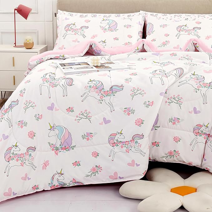 Viviland Kids Full Bedding Sets for Girls, Soft Full Comforter Set with Sheets, 7 Pieces Microfiber Bed in a Bag, White Unicorn
