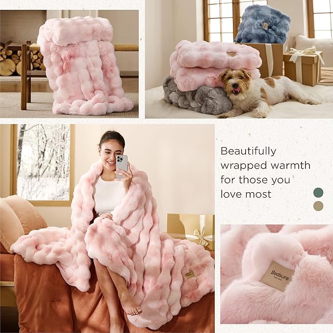 Bedsure GentleSoft Fluffy Fuzzy Twin Blanket, Soft Cozy Fleece Faux Fur Blanket, Pink Decorations Minky Velvet Couch Cover, Thick Warm Plush Women Men Birthday Gifts, 870GSM, Tie-dye Pink