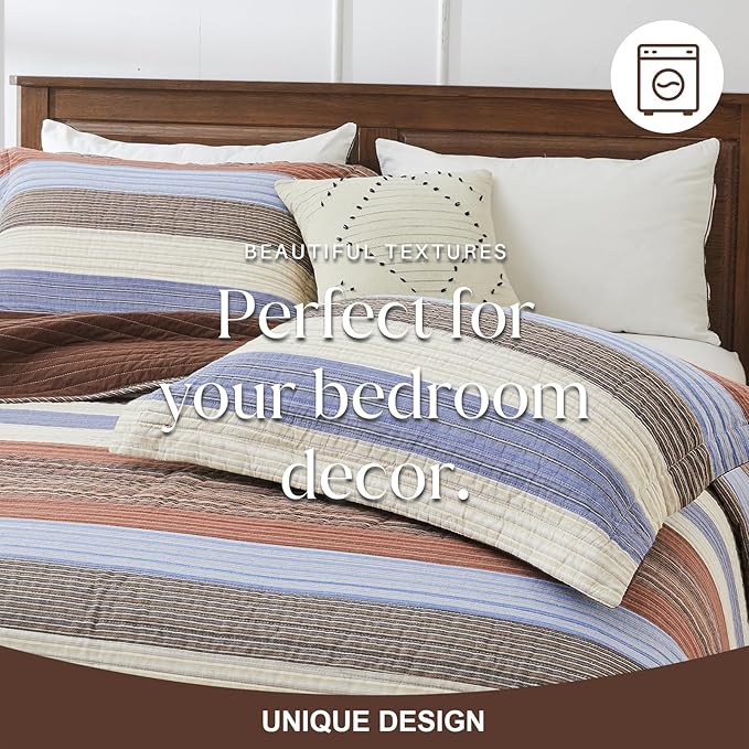 Oversized Queen Quilt Bedspread Coverlet 102x120, 100% Cotton Extra Large Quilt with Pillow Shams, Soft Yarn Dyed Multicolor Striped Bedding Set, Brown/Beige/Blue