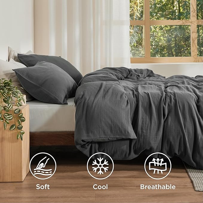 Bedsure Muslin Duvet Cover Queen Size - Cotton Blend Rayon Derived from Bamboo, Cooling Duvet Covet for Hot Sleepers - Ultra-Soft & Breathable Bedding Set for All Seasons(Dark Grey, 90"x90")