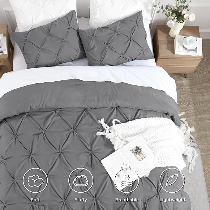 Andency Medium Gray Pinch Pleat Comforter Full(79x90Inch), 3 Pieces(1 Down Alternative Comforter and 2 Pillowcases) Grey Bed Set Microfiber Pintuck Bedding Set